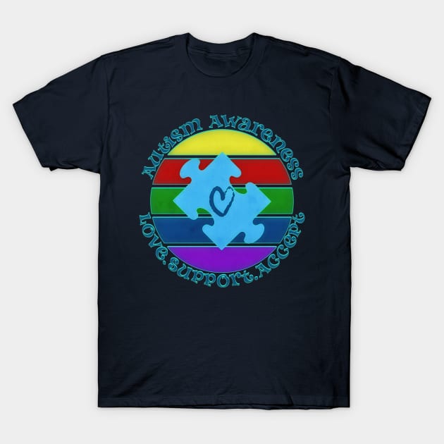 Autism Awareness Retro Sunset Puzzle Heart Design T-Shirt by mythikcreationz